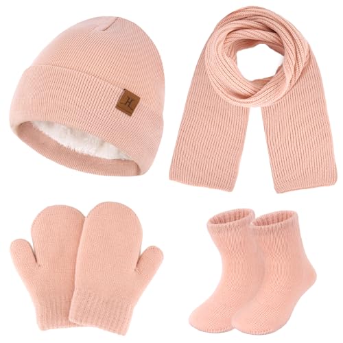 4 Stück Winter Warm Kinder Mütze Handschuhe Schal Socken Set Fleece Gefütterte Beanie Wintermütze Strickmützen für 0 6 12 Monate Baby Kleinkinder 1 2 3 4 Jahre Mädchen Jungen Geschenke, Rosa von Bequemer Laden