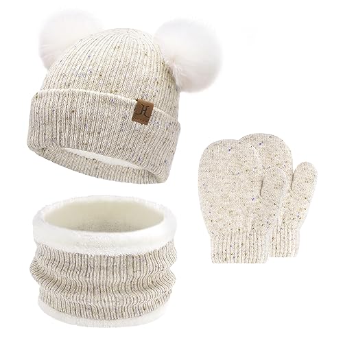 Baby Mädchen Jungen Winter Warm Mütze Loop Schal Handschuhe Set, Kinder Pompom Wintermütze Strickmütze Beanie Fäustlinge Schlauchschal für 0–4 Jahre Kleinkinder Neugeborenen, Beige von Bequemer Laden