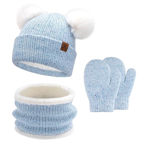 Baby Mädchen Jungen Winter Warm Mütze Loop Schal Handschuhe Set, Kinder Pompom Wintermütze Strickmütze Beanie Fäustlinge Schlauchschal für 0–4 Jahre Kleinkinder Neugeborenen, Blau von Bequemer Laden