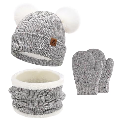 Baby Mädchen Jungen Winter Warm Mütze Loop Schal Handschuhe Set, Kinder Pompom Wintermütze Strickmütze Beanie Fäustlinge Schlauchschal für 0–4 Jahre Kleinkinder Neugeborenen, Grau von Bequemer Laden