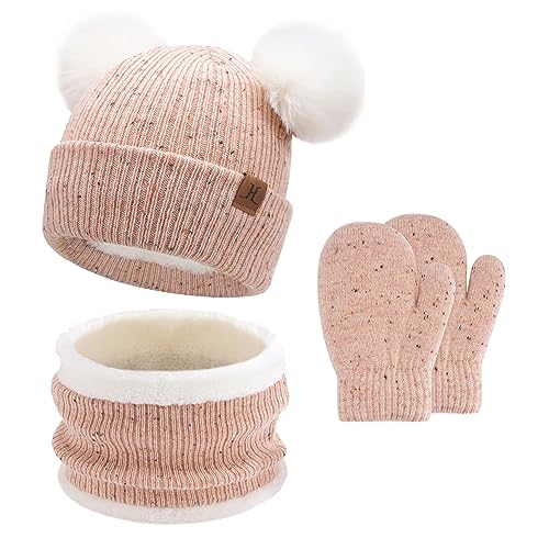 Baby Mädchen Jungen Winter Warm Mütze Loop Schal Handschuhe Set, Kinder Pompom Wintermütze Strickmütze Beanie Fäustlinge Schlauchschal für 0–4 Jahre Kleinkinder Neugeborenen, Rosa von Bequemer Laden