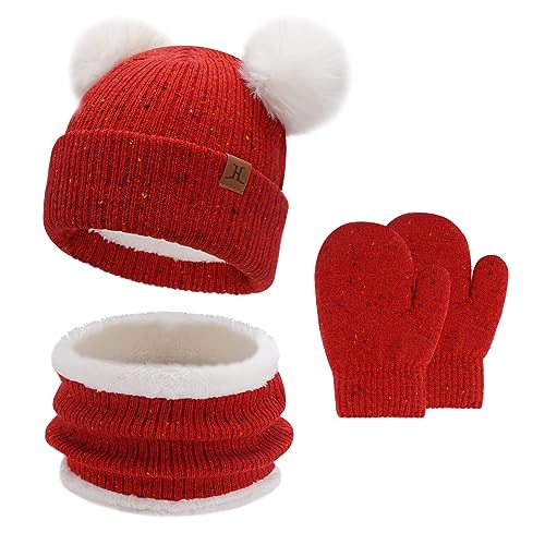 Baby Mädchen Jungen Winter Warm Mütze Loop Schal Handschuhe Set, Kinder Pompom Wintermütze Strickmütze Beanie Fäustlinge Schlauchschal für 0–4 Jahre Kleinkinder Neugeborenen, Rot von Bequemer Laden