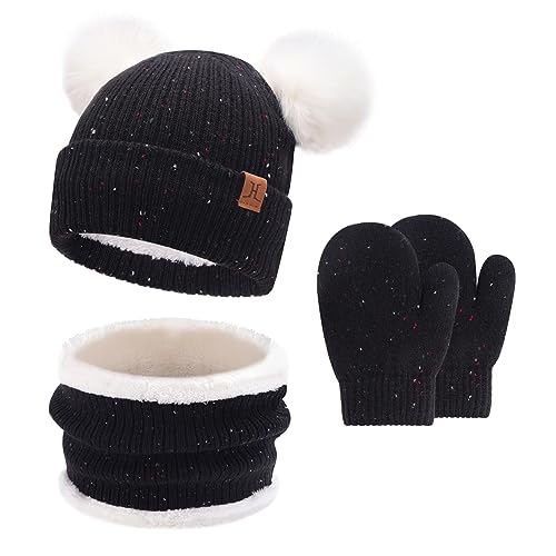 Baby Mädchen Jungen Winter Warm Mütze Loop Schal Handschuhe Set, Kinder Pompom Wintermütze Strickmütze Beanie Fäustlinge Schlauchschal für 0–4 Jahre Kleinkinder Neugeborenen, Schwarz von Bequemer Laden