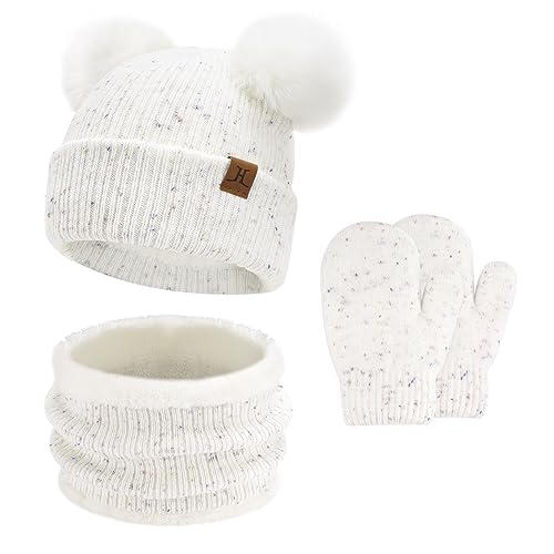 Baby Mädchen Jungen Winter Warm Mütze Loop Schal Handschuhe Set, Kinder Pompom Wintermütze Strickmütze Beanie Fäustlinge Schlauchschal für 0–4 Jahre Kleinkinder Neugeborenen, Weiß von Bequemer Laden