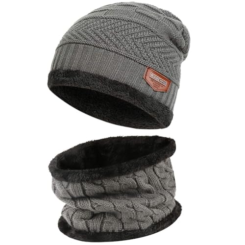 Bequemer Laden 2 Stücke Winter Beanie Mütze Schal Set Wolle Warme Strickmütze Dicke Fleecefutter Wintermütze & Schal für Herren und Damen, 1-Grau, Einheitsgröße von Bequemer Laden