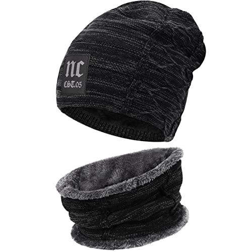 Bequemer Laden 2 Stücke Winter Beanie Mütze Schal Set Wolle Warme Strickmütze Dicke Fleecefutter Wintermütze & Schal für Herren und Damen, 2-Schwarz, Einheitsgröße von Bequemer Laden