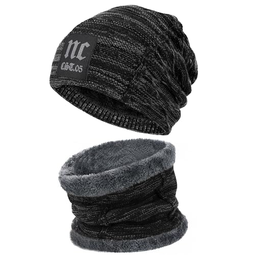 Bequemer Laden 2 Stücke Winter Beanie Mütze Schal Set Wolle Warme Strickmütze Dicke Fleecefutter Wintermütze & Schal für Herren und Damen, 2-Schwarz, Einheitsgröße von Bequemer Laden