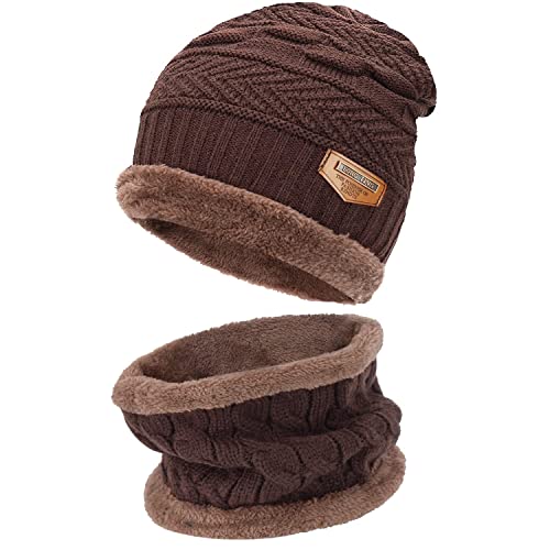 Bequemer Laden 2 Stücke Winter Beanie Mütze Schal Set Wolle Warme Strickmütze Dicke Fleecefutter Wintermütze & Schal für Herren und Damen, 1-Braun, Einheitsgröße von Bequemer Laden