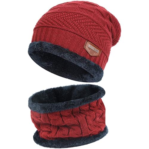 Bequemer Laden 2 Stücke Winter Beanie Mütze Schal Set Wolle Warme Strickmütze Dicke Fleecefutter Wintermütze & Schal für Herren und Damen, 1-Rot, Einheitsgröße von Bequemer Laden