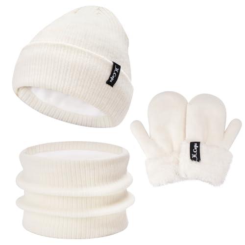 Bequemer Laden Baby Kinder Winter Warm Mütze Loop Schal Fäustlinge Set, Jungen Mädchen Thermo Wintermütze Strickmütze Schlauchschal Handschuhe Winterhandschuh für 0-3 Jahre, A Beige von Bequemer Laden