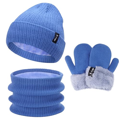 Bequemer Laden Baby Kinder Winter Warm Mütze Loop Schal Fäustlinge Set, Jungen Mädchen Thermo Wintermütze Strickmütze Schlauchschal Handschuhe Winterhandschuh für 0-3 Jahre, A Blau von Bequemer Laden