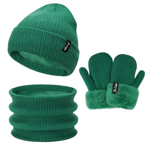 Bequemer Laden Baby Kinder Winter Warm Mütze Loop Schal Fäustlinge Set, Jungen Mädchen Thermo Wintermütze Strickmütze Schlauchschal Handschuhe Winterhandschuh für 0-3 Jahre, A Dunkelgrün von Bequemer Laden