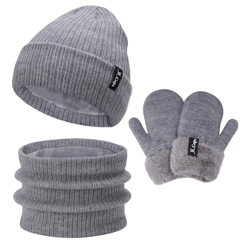 Bequemer Laden Baby Kinder Winter Warm Mütze Loop Schal Fäustlinge Set, Jungen Mädchen Thermo Wintermütze Strickmütze Schlauchschal Handschuhe Winterhandschuh für 0-3 Jahre, A Grau von Bequemer Laden