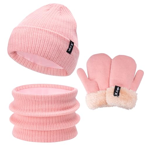 Bequemer Laden Baby Kinder Winter Warm Mütze Loop Schal Fäustlinge Set, Jungen Mädchen Thermo Wintermütze Strickmütze Schlauchschal Handschuhe Winterhandschuh für 0-3 Jahre, A Rosa von Bequemer Laden