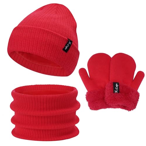 Bequemer Laden Baby Kinder Winter Warm Mütze Loop Schal Fäustlinge Set, Jungen Mädchen Thermo Wintermütze Strickmütze Schlauchschal Handschuhe Winterhandschuh für 0-3 Jahre, A Rot von Bequemer Laden