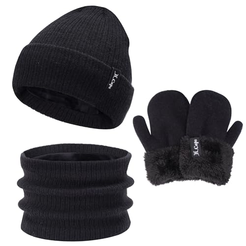 Bequemer Laden Baby Kinder Winter Warm Mütze Loop Schal Fäustlinge Set, Jungen Mädchen Thermo Wintermütze Strickmütze Schlauchschal Handschuhe Winterhandschuh für 0-3 Jahre, A Schwarz von Bequemer Laden