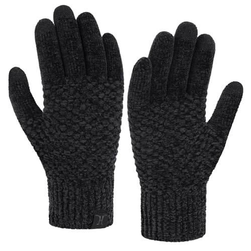 Bequemer Laden Chenille Touchscreen Handschuhe Damen Winter Warm Winterhandschuhe Strickhandschuhe mit Elastisch Manschette Frauen Geschenk, Schwarz von Bequemer Laden