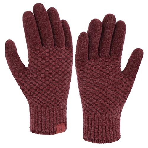 Bequemer Laden Chenille Touchscreen Handschuhe Damen Winter Warm Winterhandschuhe Strickhandschuhe mit Elastisch Manschette Frauen Geschenk, Weinrot von Bequemer Laden