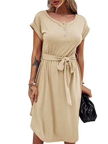 Bequemer Laden Damen Sommer Kleid Knopfleiste Kurzarm Midi Kleider Elegant Sommerkleid Businesskleid mit Taille Krawatte 2023, Aprikose, L von Bequemer Laden