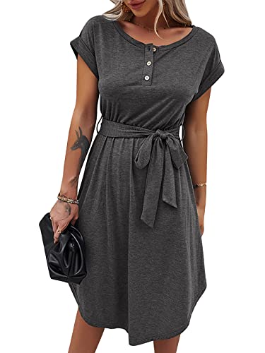 Bequemer Laden Sommer Damen Kleid Knopfleiste Kurzarm Locker Kleider Elegant Sommerkleid Strandkleid Freizeitkleid Midikleid Businesskleid mit Taille Krawatte, Dunkelgrau, M von Bequemer Laden