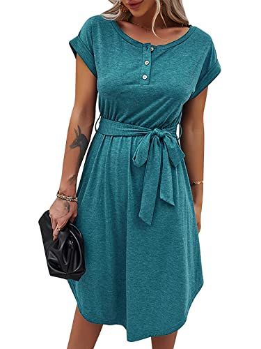 Bequemer Laden Damen Sommer Kleid Knopfleiste Kurzarm Midi Kleider Elegant Sommerkleid Businesskleid mit Taille Krawatte 2023, Königsblau, L von Bequemer Laden