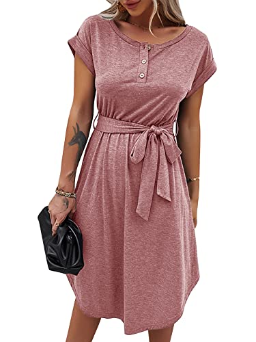 Bequemer Laden Damen Sommer Kleid Knopfleiste Kurzarm Midi Kleider Elegant Sommerkleid Businesskleid mit Taille Krawatte 2023, Rosa, L von Bequemer Laden