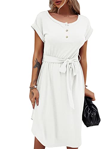 Bequemer Laden Damen Sommer Kleid Knopfleiste Kurzarm Midi Kleider Elegant Sommerkleid Businesskleid mit Taille Krawatte 2023, Weiß, L von Bequemer Laden
