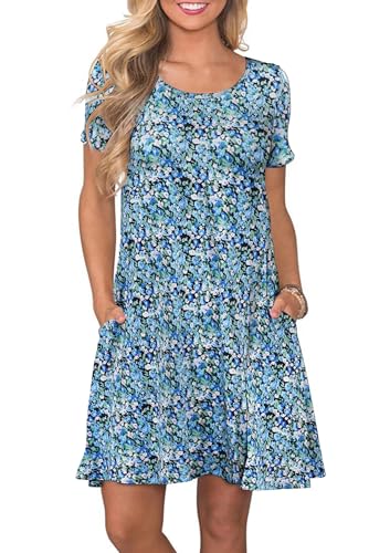 Damen Sommer Tshirt Kleid Locker Rundhals Kurzarm Midi Kleider Elegant Blumen Sommerkleid Knielang Strandkleid Lässig Midikleid Freizeitkleid mit Taschen, B Blau Blume 02, L von Bequemer Laden