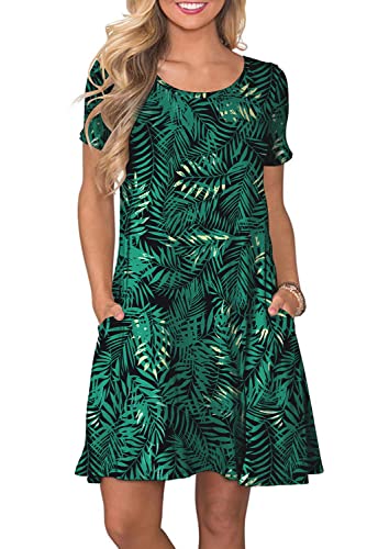 Bequemer Laden Damen Casual Sommer Tshirt Kleid Locker Rundhals Kurzarm Midi Kleider Knielang Elegant Sommerkleid Strandkleid mit Taschen, B Blume Grüne, S von Bequemer Laden