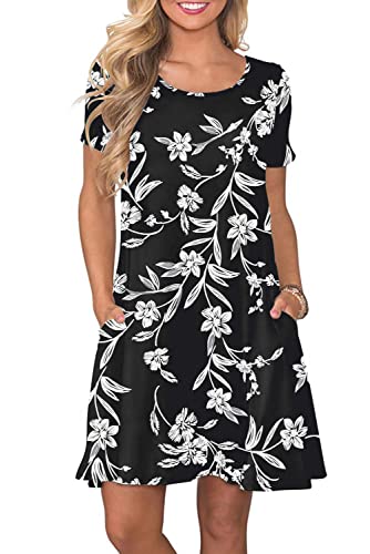Damen Sommer Tshirt Kleid Locker Rundhals Kurzarm Midi Kleider Elegant Blumen Sommerkleid Knielang Strandkleid Lässig Midikleid Freizeitkleid mit Taschen, B Blume Schwarz Weiß, S von Bequemer Laden