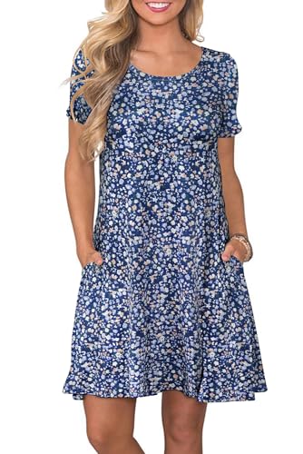 Damen Sommer Tshirt Kleid Locker Rundhals Kurzarm Midi Kleider Elegant Blumen Sommerkleid Knielang Strandkleid Lässig Midikleid Freizeitkleid mit Taschen, B Orange Blau Blume, L von Bequemer Laden
