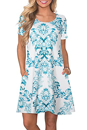 Bequemer Laden Damen Casual Sommer Tshirt Kleid Locker Rundhals Kurzarm Midi Kleider Knielang Elegant Sommerkleid Strandkleid mit Taschen, C Blumen 07, XL von Bequemer Laden