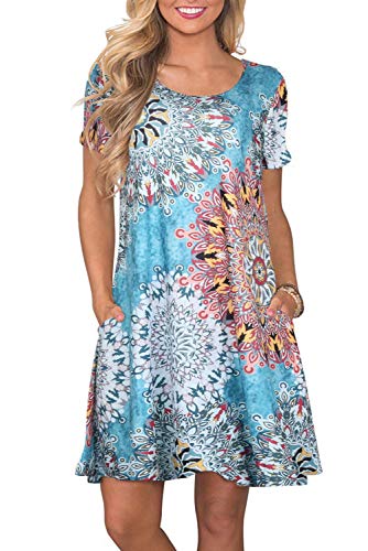 Damen Sommer Tshirt Kleid Locker Rundhals Kurzarm Midi Kleider Elegant Blumen Sommerkleid Knielang Strandkleid Lässig Midikleid Freizeitkleid mit Taschen, E Blumen Blau, S von Bequemer Laden
