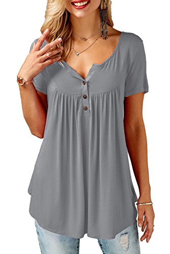 Bequemer Laden Damen Casual T-Shirt Kurzarm V-Ausschnitt Knopfleiste Bluse Longshirt Elegant Einfarbig/Blumen Tunika Oberteile Top Hemd Sommer Frühling, Grau, XXL von Bequemer Laden