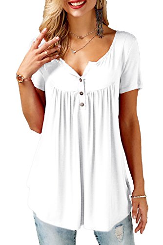 Bequemer Laden TShirt Damen Sommer Kurzarm Tunika Knopfleiste Bluse Casual locker Longshirt Oberteile Top,Weiß,XXL von Bequemer Laden