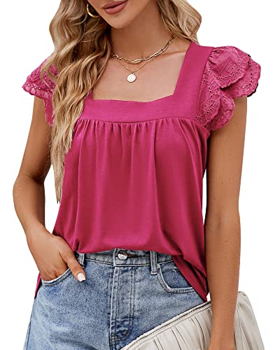 Bequemer Laden Damen Frühling Sommer Eckigem Ausschnitt T-Shirt Spitze Rüschen Kurzarm Tunika Oberteile Top 2023, Leuchtend Rosa, XL von Bequemer Laden