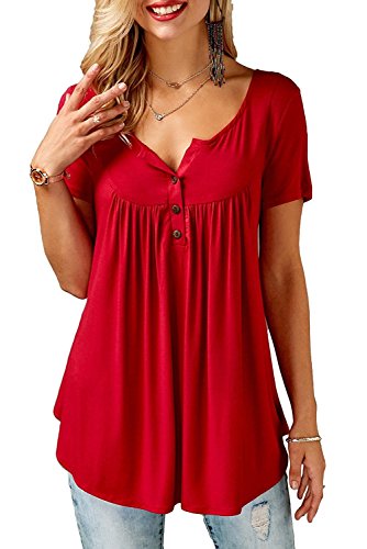 Bequemer Laden Damen Casual T-Shirt Kurzarm V-Ausschnitt Knopfleiste Bluse Longshirt Elegant Einfarbig/Blumen Tunika Oberteile Top Hemd Sommer Frühling, Rot, M von Bequemer Laden