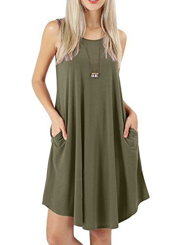 Bequemer Laden Damen Sommer Casual Ärmelloses Kleid Rundhals T-Shirt Kleider Schwingen Sommerkleid Strandkleid mit Taschen, Armeegrün, M von Bequemer Laden