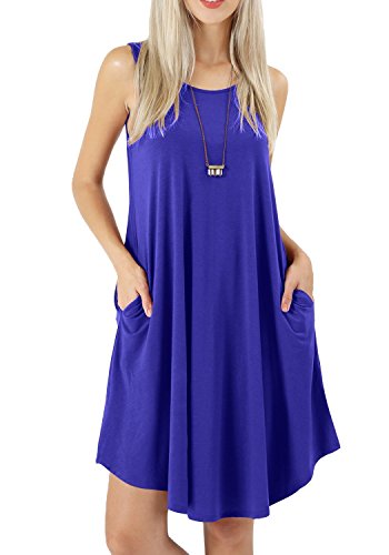 Bequemer Laden Damen Sommer Casual Ärmelloses Kleid Rundhals T-Shirt Kleider Schwingen Sommerkleid Strandkleid mit Taschen, Königsblau, M von Bequemer Laden