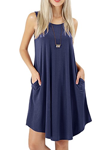 Bequemer Laden Damen Sommer Casual Ärmelloses Kleid Rundhals T-Shirt Kleider Schwingen Sommerkleid Strandkleid mit Taschen, Marineblau, XL von Bequemer Laden