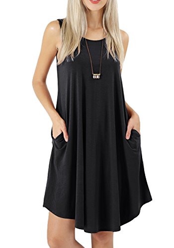 Bequemer Laden Damen Sommer Casual Ärmelloses Kleid Rundhals T-Shirt Kleider Schwingen Sommerkleid Strandkleid mit Taschen, Schwarz, L von Bequemer Laden