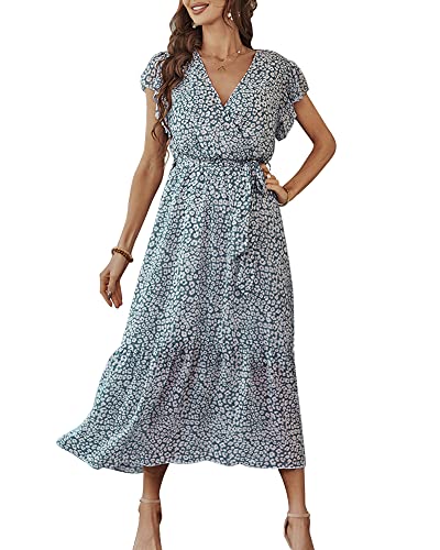 Damen Sommer Lang Kleid V-Ausschnitt Kurzarm Blumen Maxikleid A-Linie Rüschen Sommerkleid Schlitz Gürtel Boho Strandkleid Wickelkleid 2023, A Dunkelblau, L von Bequemer Laden