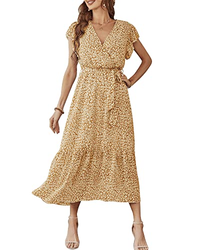 Damen Sommer Lang Kleid V-Ausschnitt Kurzarm Blumen Maxikleid A-Linie Rüschen Sommerkleid Schlitz Gürtel Boho Strandkleid Wickelkleid 2023, A Gelb, S von Bequemer Laden