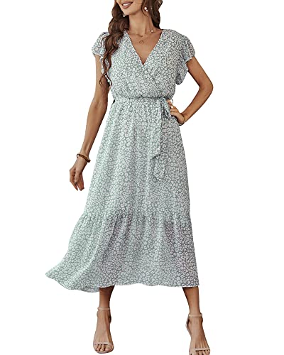 Damen Sommer Lang Kleid V-Ausschnitt Kurzarm Blumen Maxikleid A-Linie Rüschen Sommerkleid Schlitz Gürtel Boho Strandkleid Wickelkleid 2023, A Grün, XL von Bequemer Laden