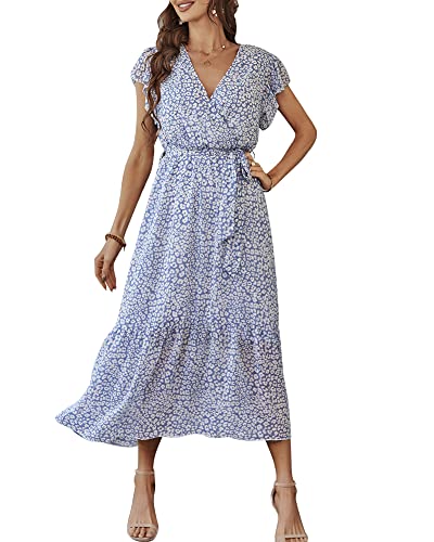 Damen Sommer Lang Kleid V-Ausschnitt Kurzarm Blumen Maxikleid A-Linie Rüschen Sommerkleid Schlitz Gürtel Boho Strandkleid Wickelkleid 2023, A Hellblau, L von Bequemer Laden