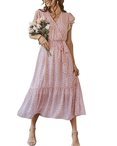 Damen Sommer Lang Kleid V-Ausschnitt Kurzarm Blumen Maxikleid A-Linie Rüschen Sommerkleid Schlitz Gürtel Boho Strandkleid Wickelkleid 2023, A Rosa, S von Bequemer Laden