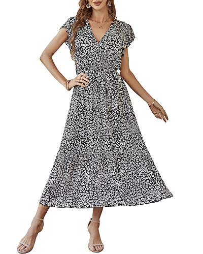 Damen Sommer Lang Kleid V-Ausschnitt Kurzarm Blumen Maxikleid A-Linie Rüschen Sommerkleid Schlitz Gürtel Boho Strandkleid Wickelkleid 2023, A Schwarz, L von Bequemer Laden