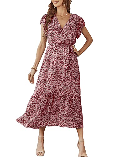 Damen Sommer Lang Kleid V-Ausschnitt Kurzarm Blumen Maxikleid A-Linie Rüschen Sommerkleid Schlitz Gürtel Boho Strandkleid Wickelkleid 2023, A Weinrot, L von Bequemer Laden