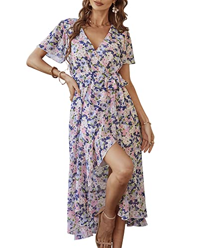 Damen Sommer Lang Kleid V-Ausschnitt Kurzarm Blumen Maxikleid A-Linie Rüschen Sommerkleid Schlitz Gürtel Boho Strandkleid Wickelkleid 2023, B Aprikose, L von Bequemer Laden