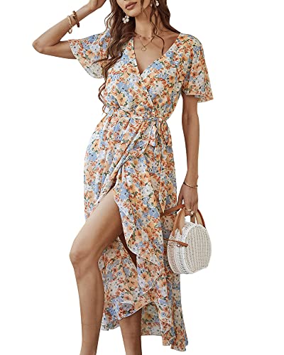 Damen Sommer Lang Kleid V-Ausschnitt Kurzarm Blumen Maxikleid A-Linie Rüschen Sommerkleid Schlitz Gürtel Boho Strandkleid Wickelkleid 2023, B Gelb, S von Bequemer Laden